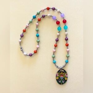 Over the Head Howlite Bead Flower Pendant Necklace